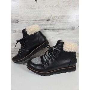 Sorel Women's Leather Ankle Boots Size 7 Black Sherpa Lined Lace Up Winter